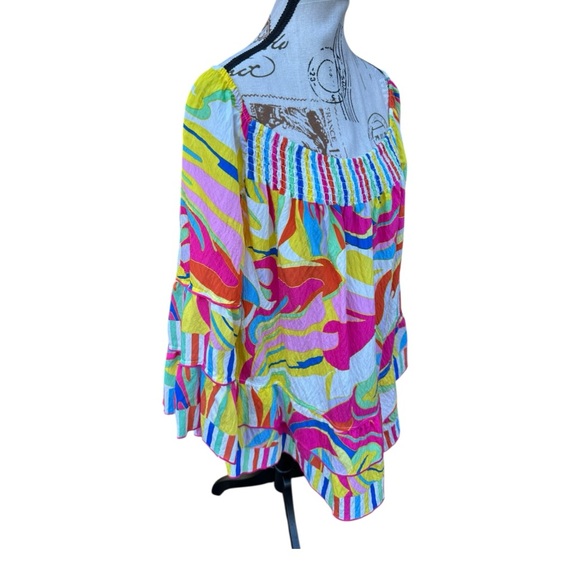 John Mark NWT Off Shoulder Rainbow Smocked Peasant Blouse Tiered 1X Boho Resort - Picture 5 of 15